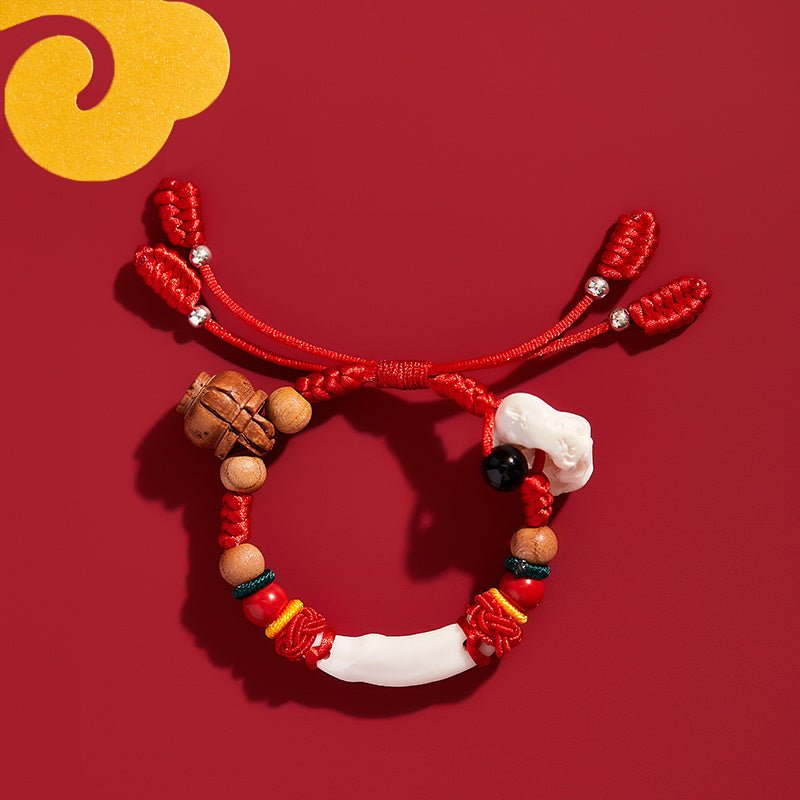 Fortune Lotus Baby Red Rope Bracelet with Pig Pendant – Mahogany &amp; Auditory Ossicle Talisman for Protection – Bracelet for tags