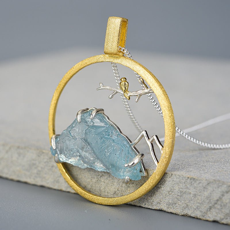 Fortune Lotus Bird &amp; Mountain Natural Crystal Pendant Necklace – Harmony with Nature – Necklace for tags