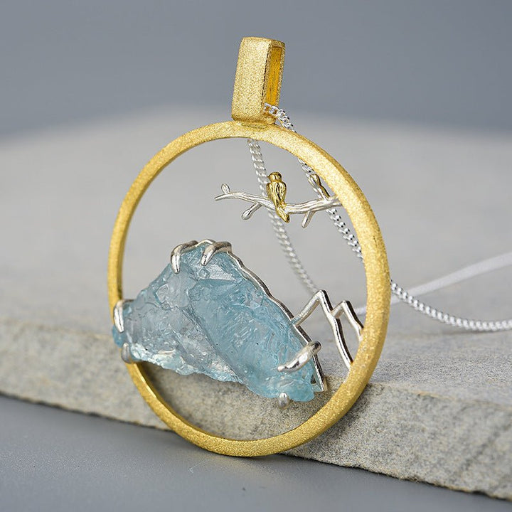 Fortune Lotus Bird &amp; Mountain Natural Crystal Pendant Necklace – Harmony with Nature – Necklace for tags