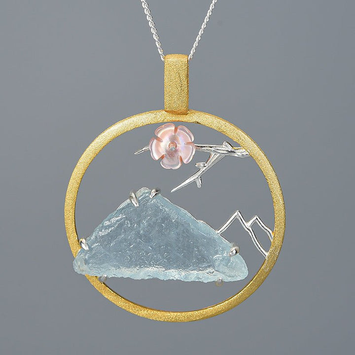 Fortune Lotus Bird &amp; Mountain Natural Crystal Pendant Necklace – Harmony with Nature – Necklace for tags