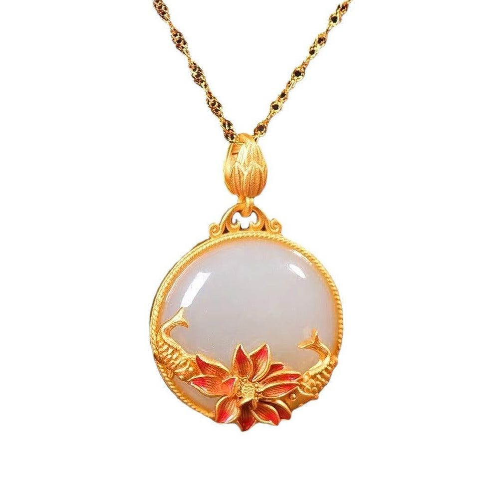 Fortune Lotus Carp & Lotus Sterling Silver Hetian Jade Pendant Necklace for Women – Symbol of Harmony & Prosperity – Bracelet