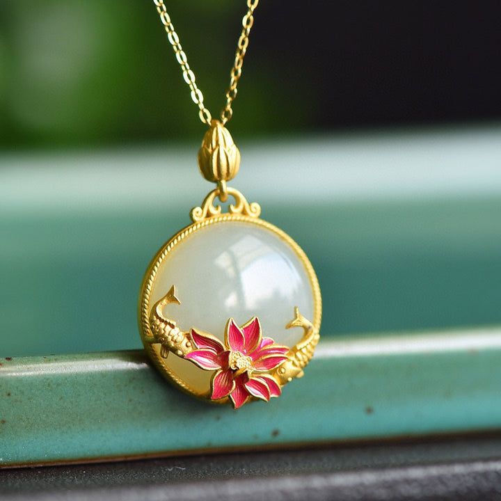 Fortune Lotus Carp & Lotus Sterling Silver Hetian Jade Pendant Necklace for Women – Symbol of Harmony & Prosperity – Bracelet