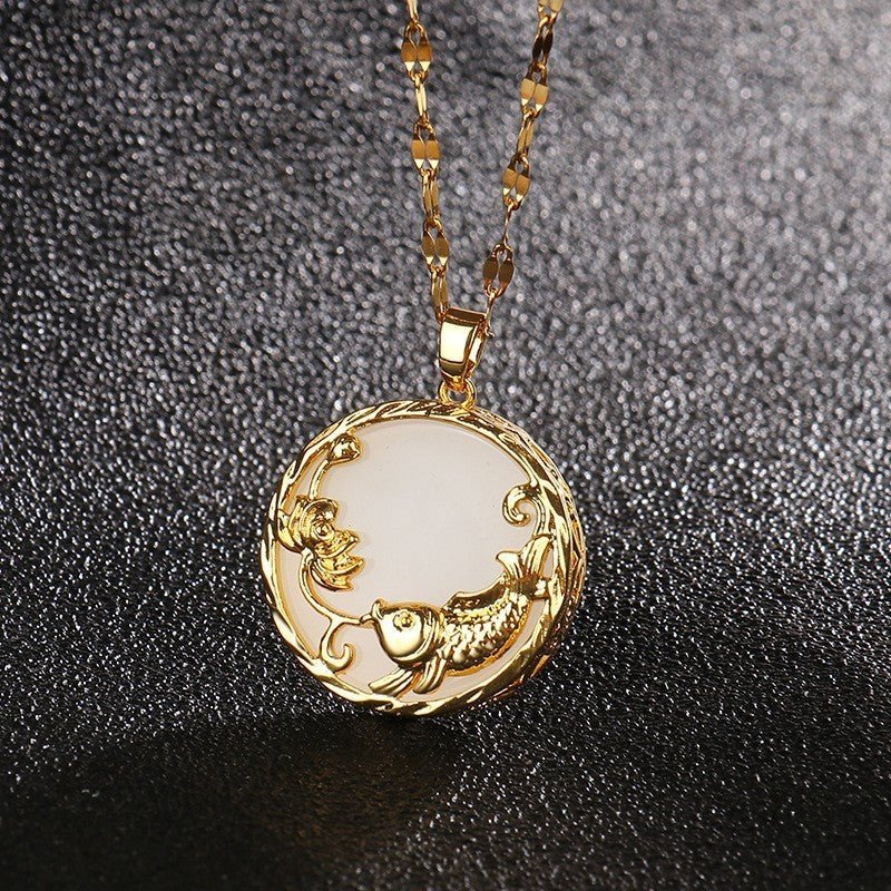 Fortune Lotus Gold - Plated Pendant Necklace – Jade &amp; White Stone Design for Elegance &amp; Harmony – Necklace for tags