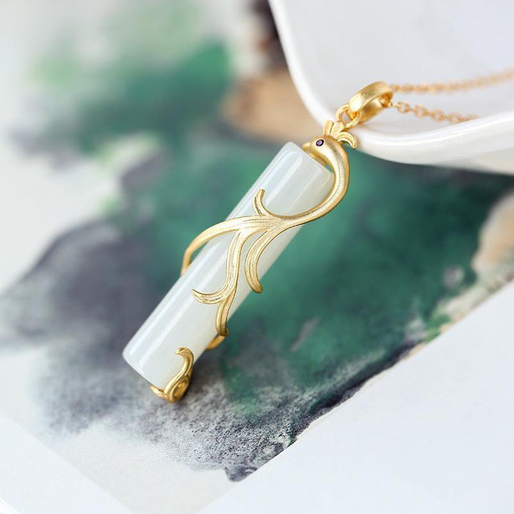 Fortune Lotus Hetian Jade Dragon &amp; Phoenix Pendant Necklace – Prosperity and Harmony Symbol – Necklace for tags