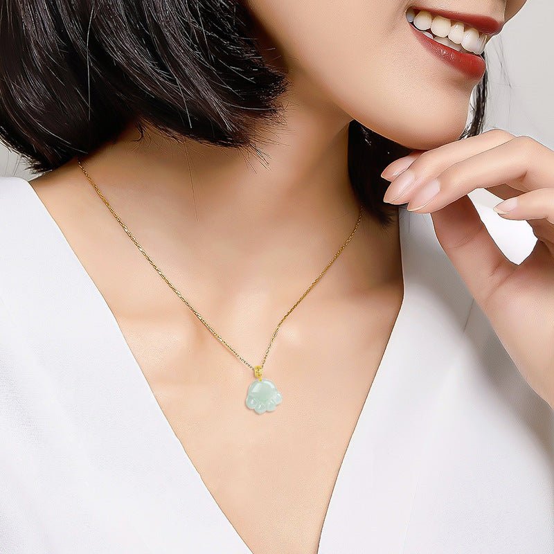 Fortune Lotus Light Green Jade Cat’s Paw Pendant Necklace – 18K Gold Buckle – Necklace for tags