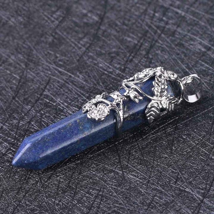 Fortune Lotus Natural Crystal Semi - Precious Stone Pendant Necklace – Energy Point with Dragon Motif – Necklace for tags