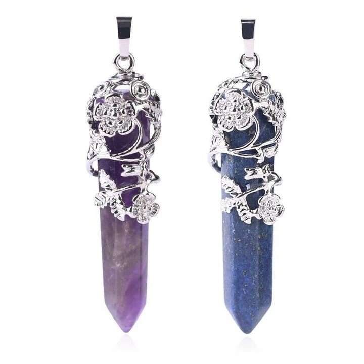 Fortune Lotus Natural Crystal Semi - Precious Stone Pendant Necklace – Energy Point with Dragon Motif – Necklace for tags