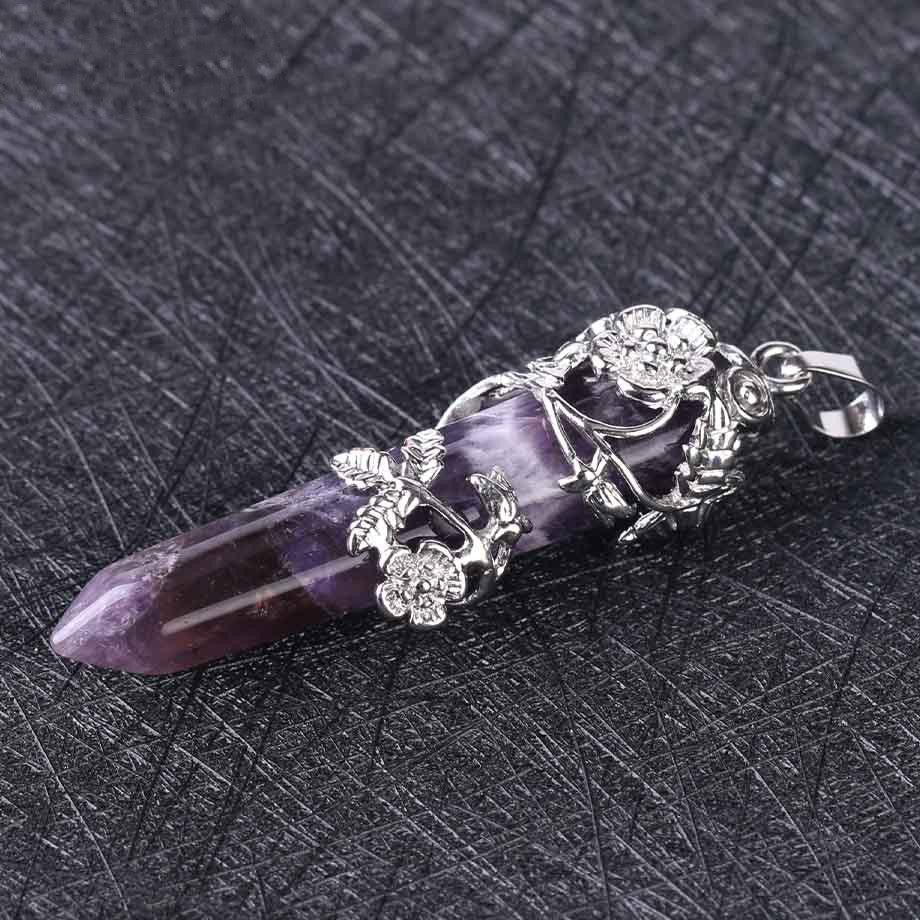 Fortune Lotus Natural Crystal Semi - Precious Stone Pendant Necklace – Energy Point with Dragon Motif – Necklace for tags