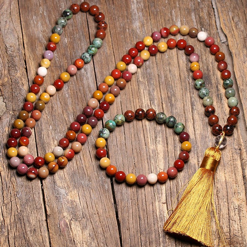 Fortune Lotus Natural Stone 108 Bead Mala Necklace &amp; Bracelet Set – Meditation &amp; Energy Jewelry – Jewelry Set for tags