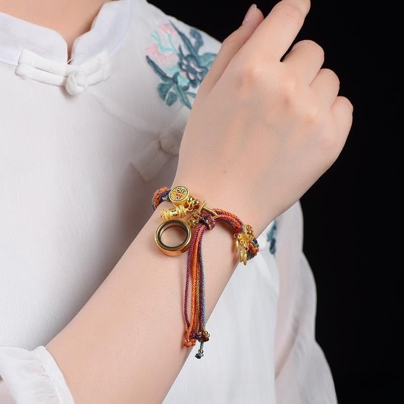 Fortune Lotus Tibetan Hand - Woven Cycle Bracelet – Multicolor Rope with Prayer Wheel Charms – Bracelet for tags